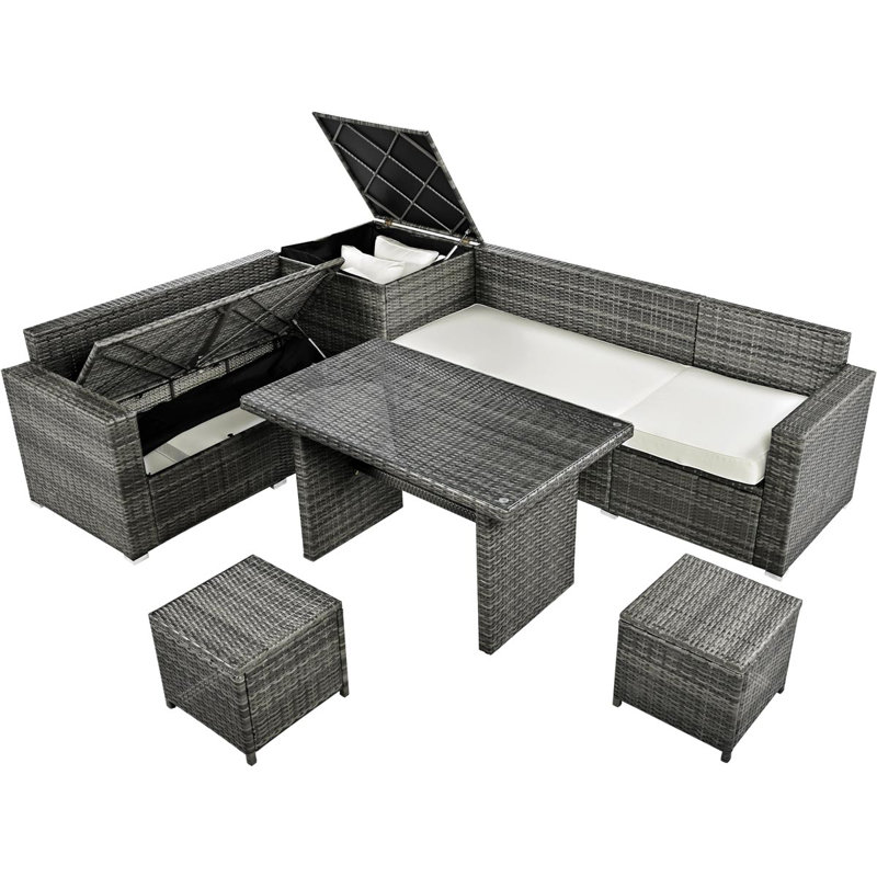 Outdoor 6-Piece All Weather Pe Rattan Sofa Set, Beige, Gray