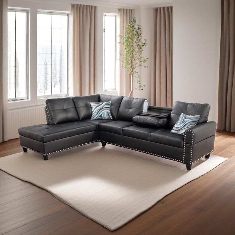 Faux Leather L-Shaped Sectional, Black Faux Leather