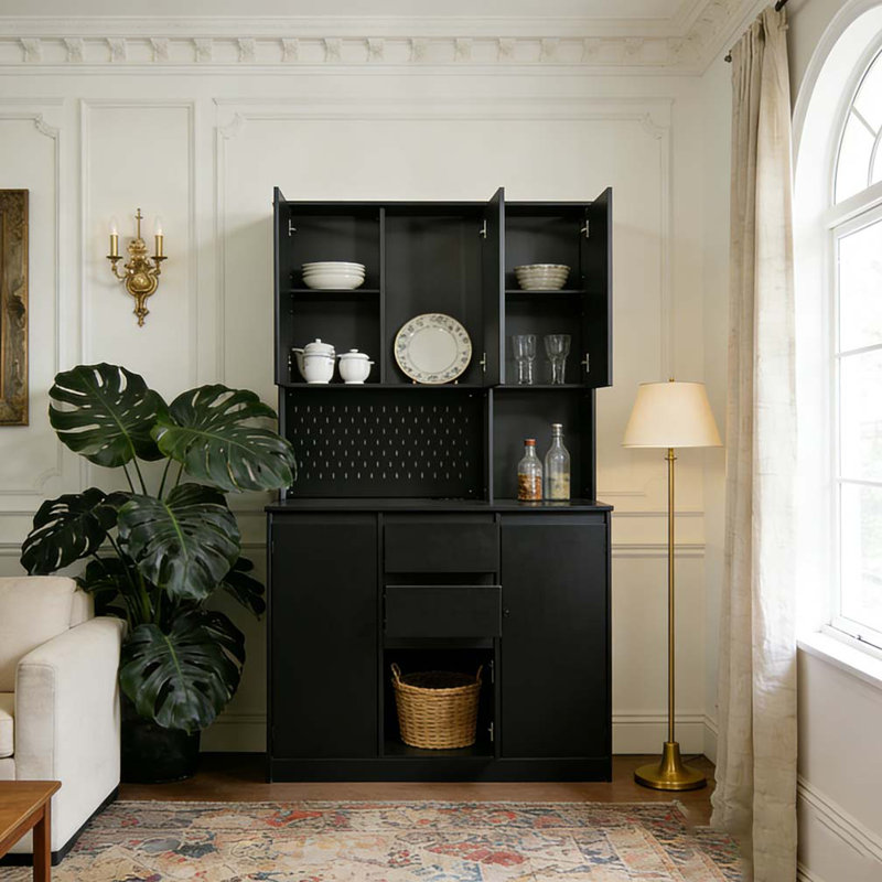 Armoire de cuisine 74 po avec 6 portes, 3 tablettes et 2 tiroirs, Noir