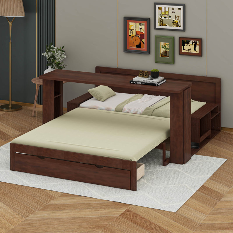 Lit de jour avec tiroirs de rangement, base de lit d'angle avec bureau amovible et table d'appoint hydraulique, Grand