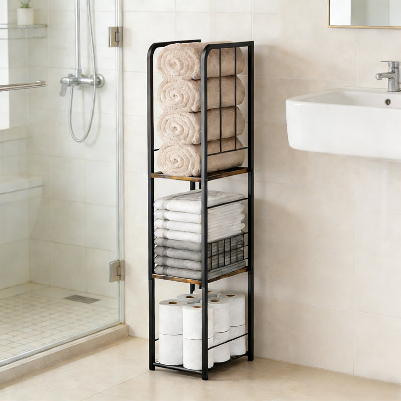 Rangement à serviettes étroit à 3 niveaux pour rangement de petite salle de bain, piscine, salle de lavage | Brun