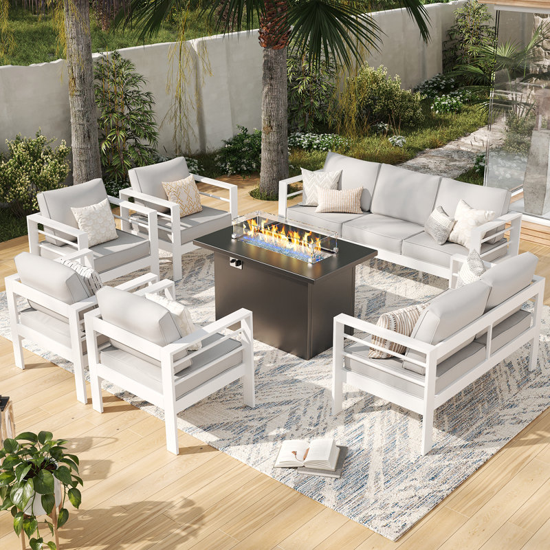 9 - Person Outdoor Seating Group With Cushions, Grey, White