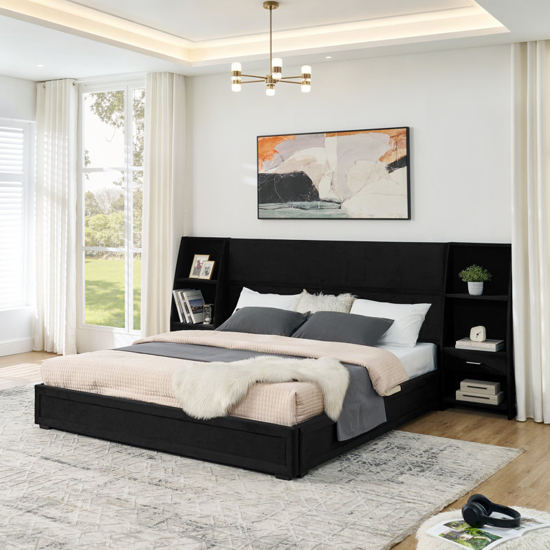 Structure de lit plateforme très grande taille avec tête de lit en velours brillant, bibliothèques latérales et tiroirs, matelas non inclus - noir