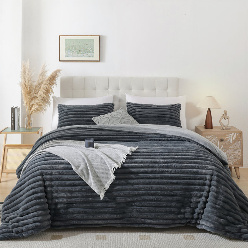 Ensemble d'édredon Fluffy pour lit simple 2 pièces - Ensemble de literie réversible en molleton beige, Gris foncé