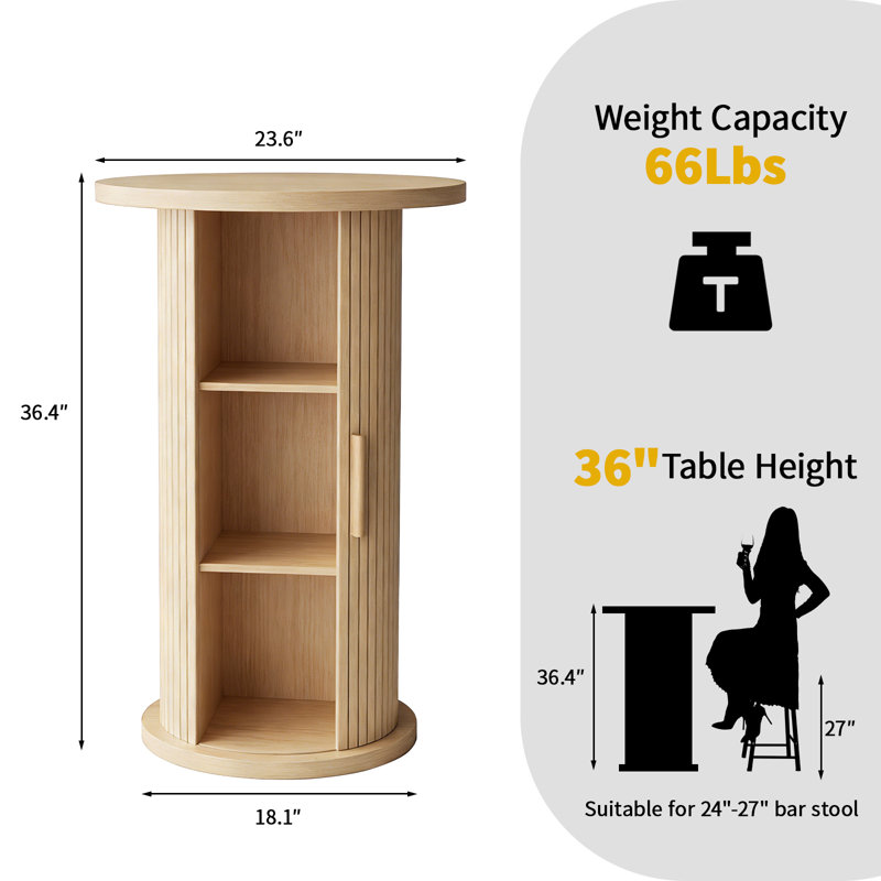 36.4" Tall Bar Table, Small Kitchen Cocktail Table, Sliding Door Round Fluted Base With Hidden Storage Space,For Small Space, Pub, Bistro, Living Room