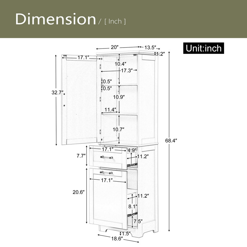 Grande armoire de rangement pour salle de bain, armoire de rangement autoportante avec deux tiroirs de taille différente et tablette réglable