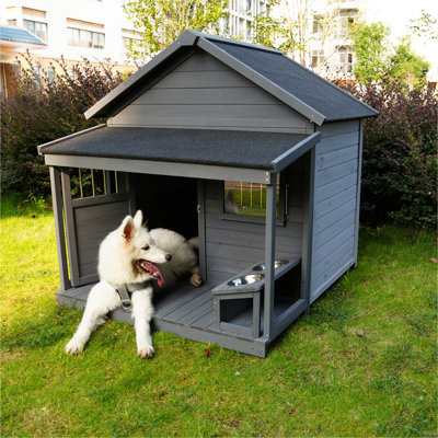 Grande niche pour chien, longue 44,2 po x l 44,6 po x H 44,6 po, avec une grande terrasse pour les grands chiens, une grande niche résistante aux intempéries (améliorée), de petites portes en bois pouvant être verrouillées