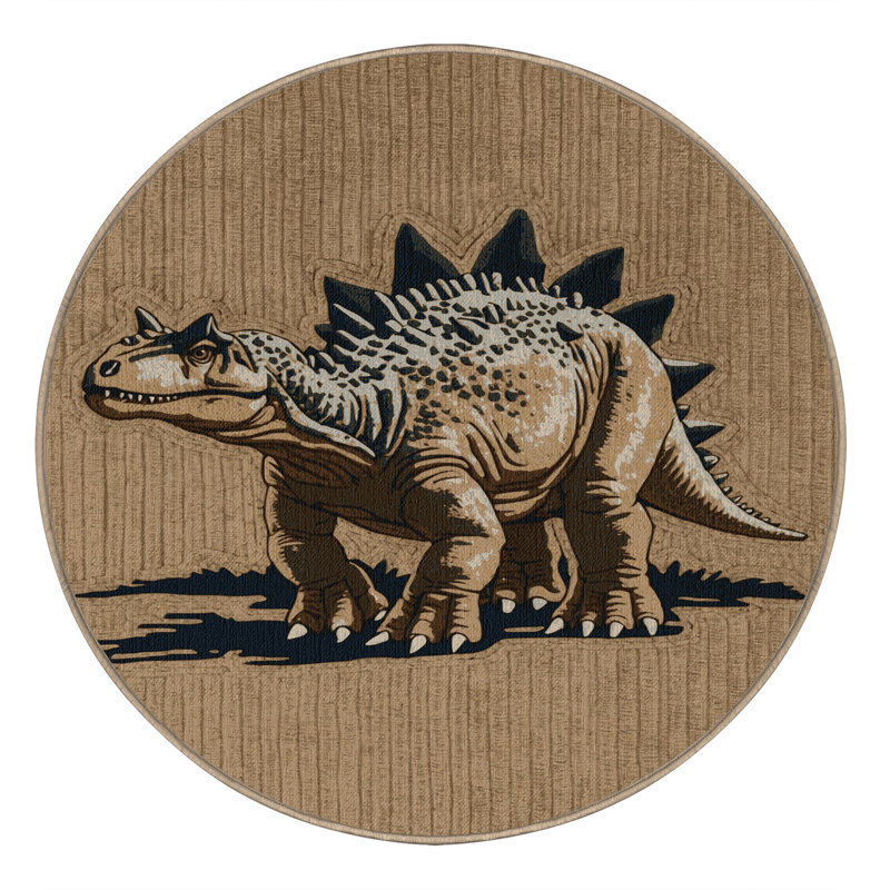 Tapis beige dinosaures lavable à la machine, Rond 5 pi