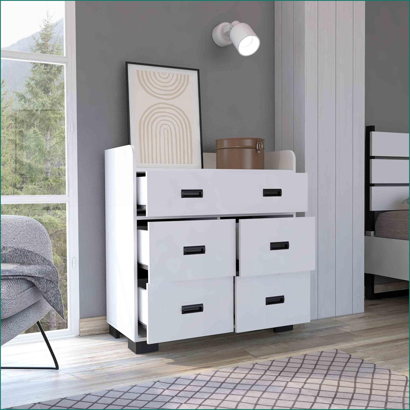 Commodes à 4 pieds, 5 tiroirs (4 simples et 1 double), plateau spacieux | Blanc | Panneau de particules, Blanc