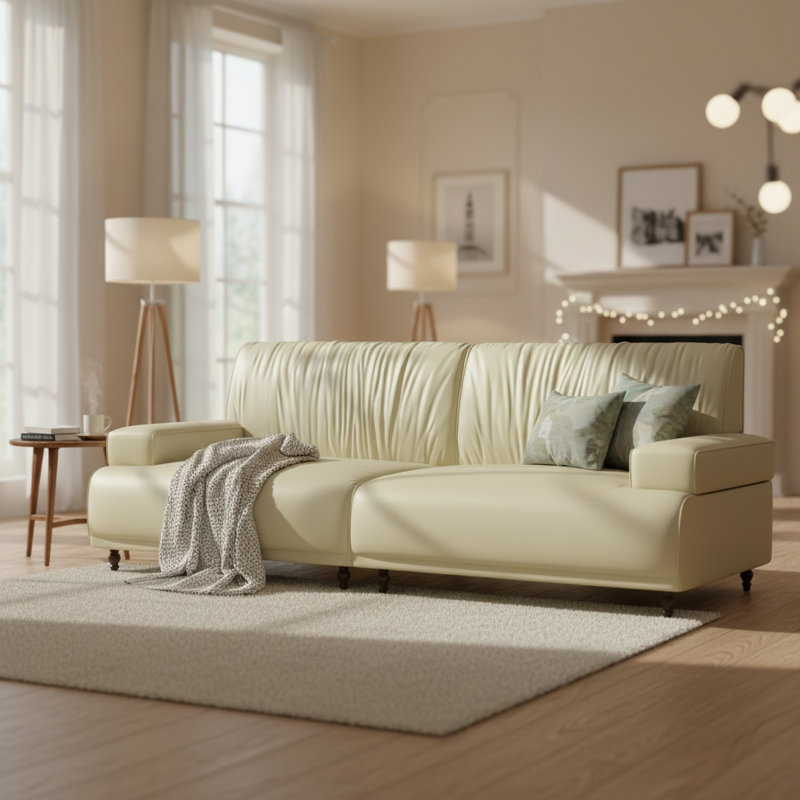 86.4" Genuine Leather Sofa Solid Wood Frame, Oil-Waxed Finish, Modern Living Room Seating, Yellow