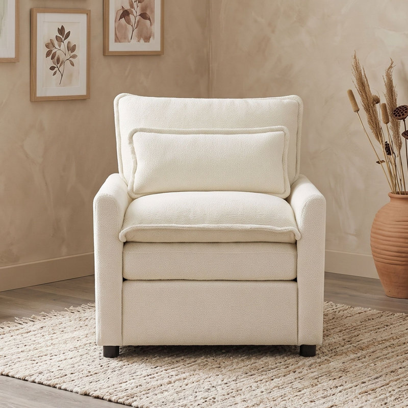 Chaise d'appoint avec coussin à double couche, coussin lombaire et deux poches de rangement latérales pour le salon, Beige