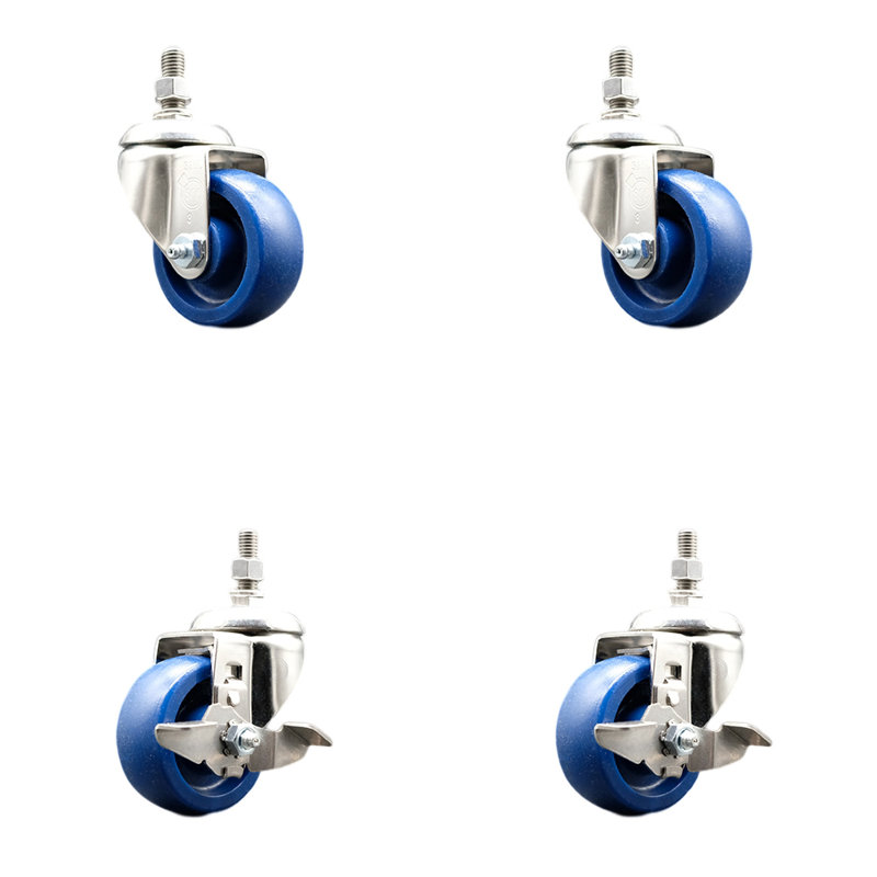 3.5 Inch 316SS Solid Polyurethane Swivel ½ Inch Threaded Stem Caster Set 2 Brake