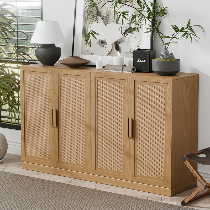 Caleb 62" Wide Solid Wood Sideboard  With 4 Rattan Doors, Natural