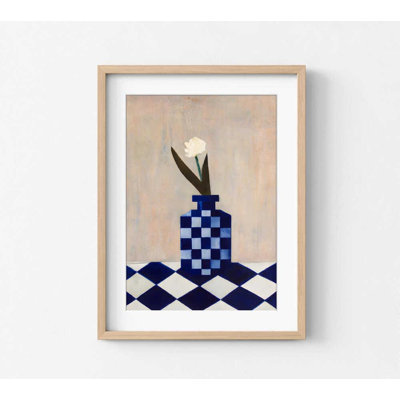 Art mural floral: vase bleu avec fleurs blanches