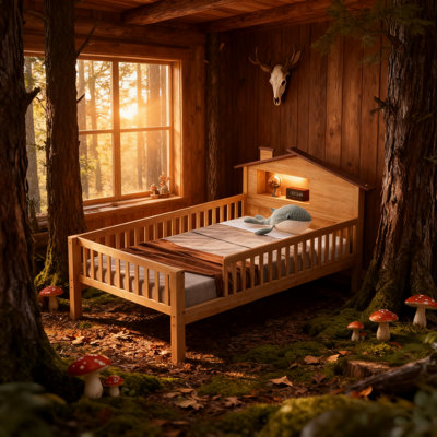 Natural Twin Size Wood Platform Bed – House - Shaped Headboard With Led Light, Built - In Storage & Guardrails