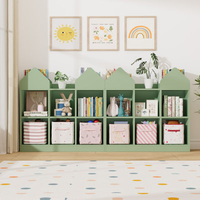 Ensemble de 2 étagères de rangement pour livres et jouets, unité de style château avec 4 étagères à livres et 6 casiers ouverts pour salle de jeux, garderie et garderie, vert