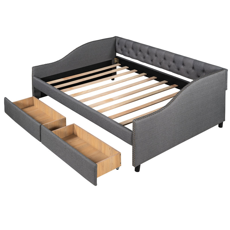 Full Size Upholstered Daybed With Two Drawers, Gray, Solid Build Base Frame Support, Gray