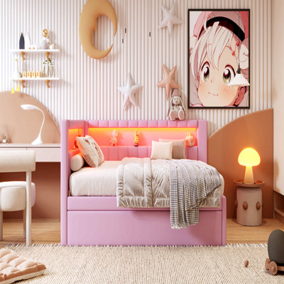Upholstered Full Size Platform Bed With Usb Ports And Led Belt, With Trundle, Pink