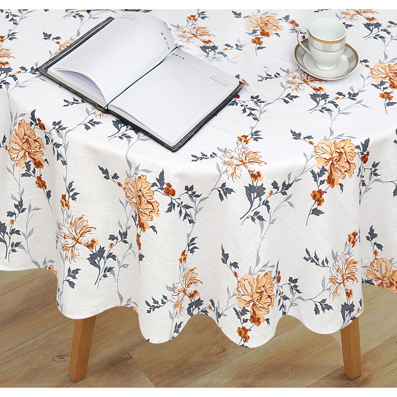 70 Inch Round Floral Cotton Tablecloth in White and Yellow