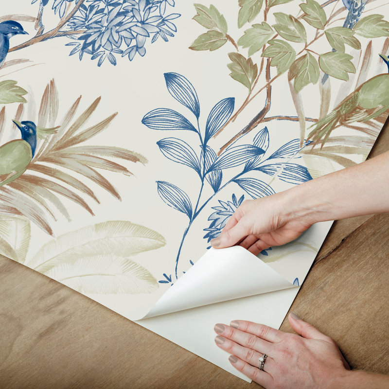 Handpainted Songbird Floral Peel & Stick Wallpaper Roll, Green/Blue
