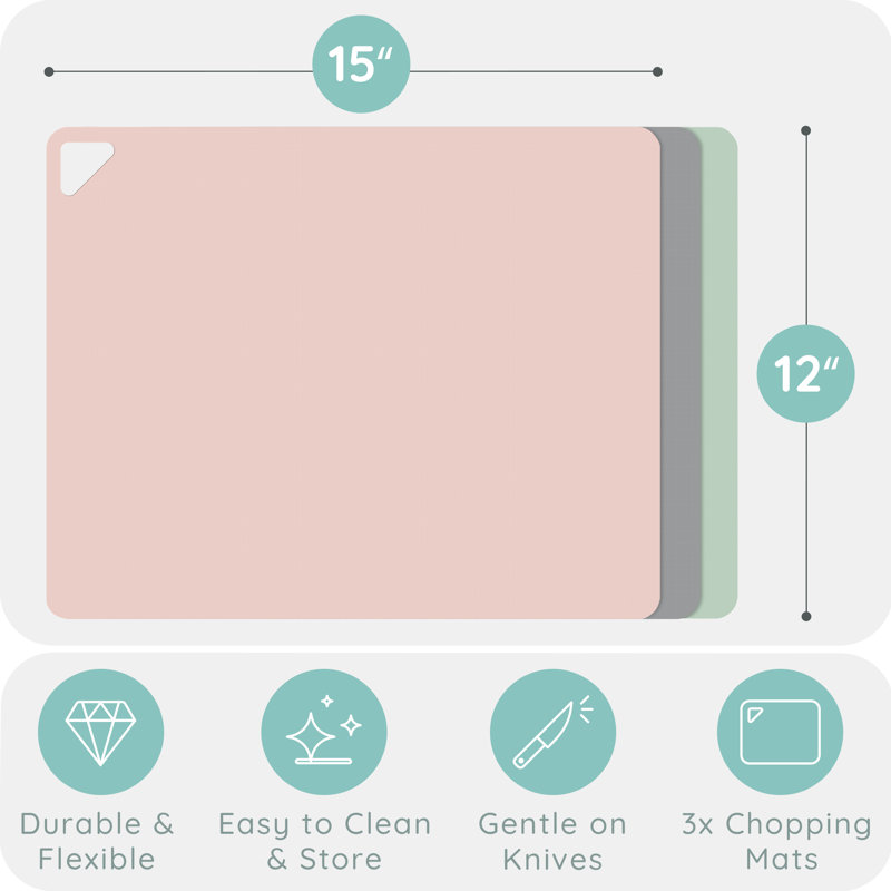 Extra Thick Flexible Plastic Cutting Mat Set in Gray, Green, and Pink