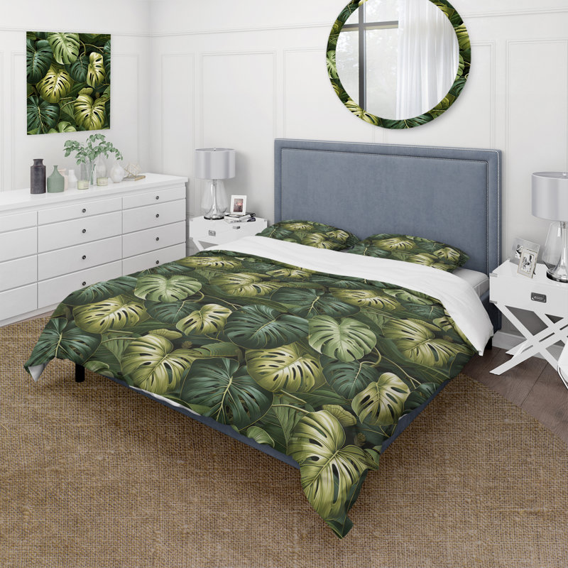 Ensemble de housse de couette à motif tropical Monstera Mirage, Housse de couette pour très grand lit et 2 très
