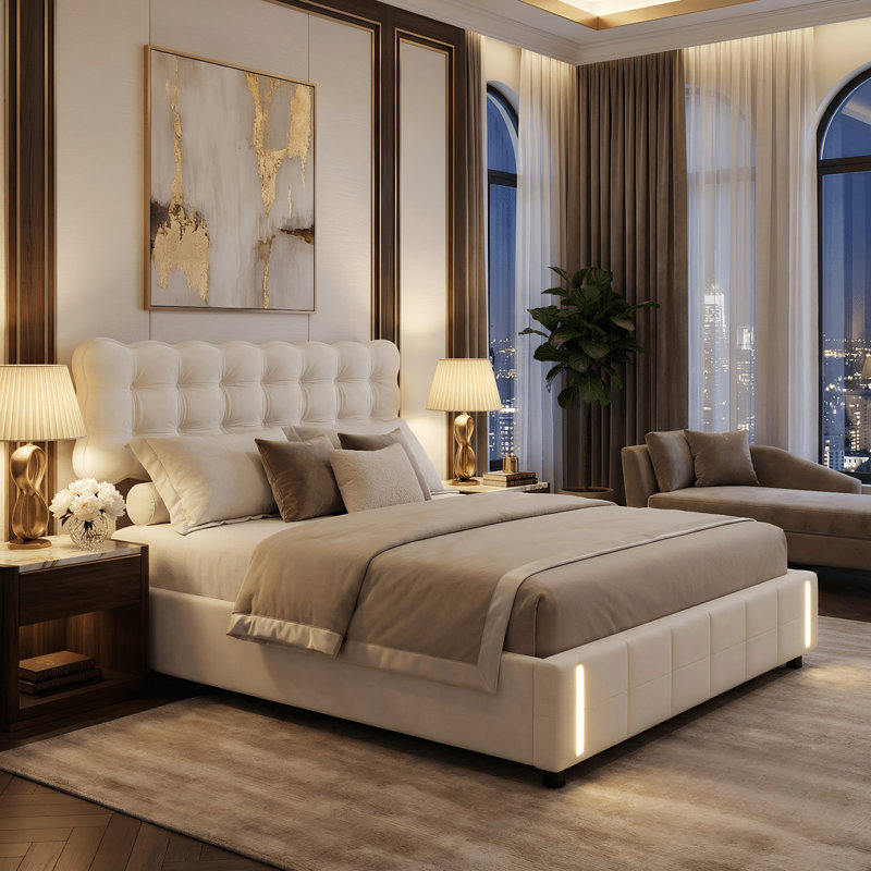 EU Double & King Size Velvet Ottoman Bed With Motion Sensor LED Lights, Upholstered Cloud Tufted Frame, Beige , Double (4'6)