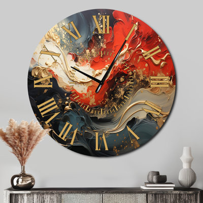 Red And Gold Marble Fire VI - Abstract Golden Face Wall Clock