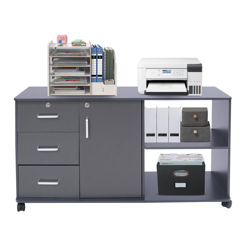 Mobile Freestanding File Cabinet For Home Office With Lock, Grey