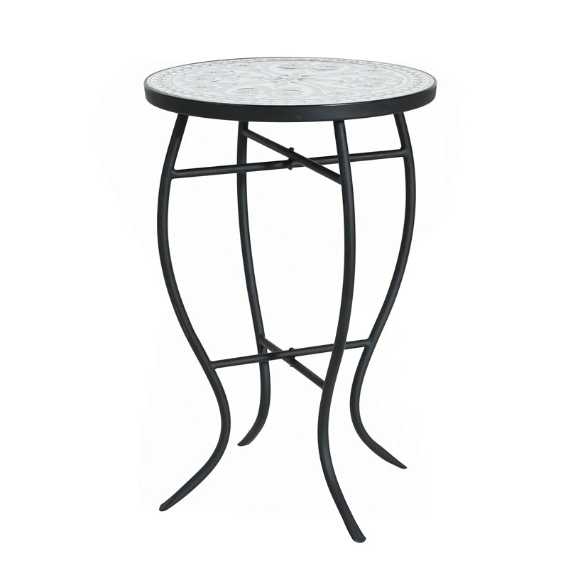 Outdoor Round Side Table with Mosaic-Style Top and Curved Iron Legs, Perfect for Patio and Garden Decor, Gray