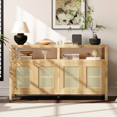Buffet naturel avec structure en bois massif, 3 tablettes personnalisables, aucune conception, mélange de style esthétique et de commodité, rangement de style bohémien, ajustement de la position des tablettes, armoire à pousser, vie pratique