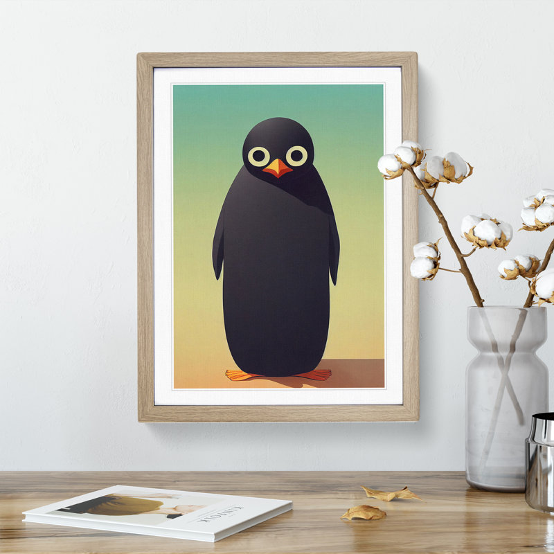 Cute Penguin - Single Picture Frame Print, 64cm H x 46cm W x 2cm D, Oak