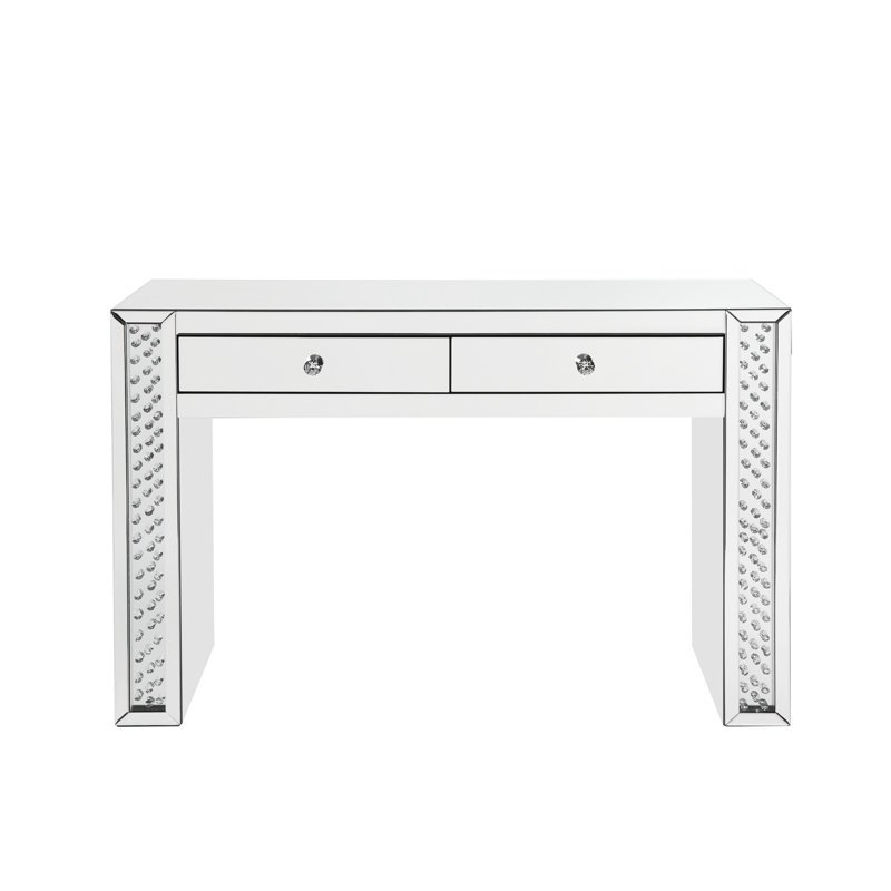 Coiffeuse argentée avec tabouret, piètement traîneau, verre transparent de 4 mm et design en faux cristal, 2 tiroirs supérieurs, hauteur incrustée de 31 pouces.