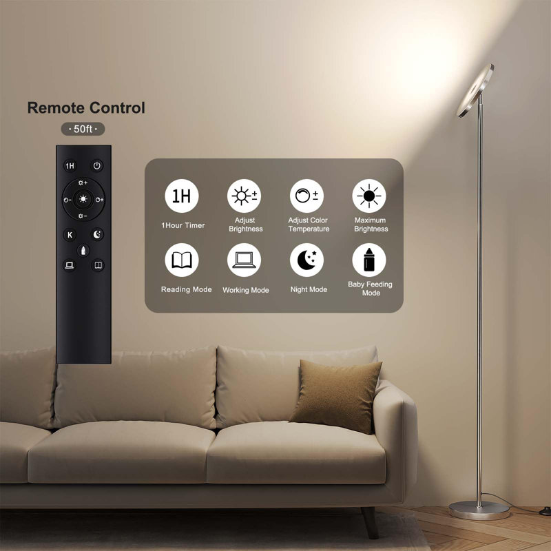 32W Super Bright LED Floor Lamp with Remote Control, Nickel