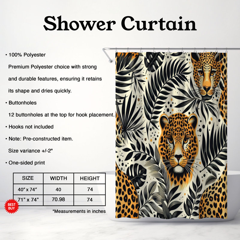 Rideau de douche standard 1 pièce Fierce Feline Print, H 74 po x l 71 po