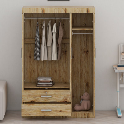 Armoire de rangement à trois portes avec tiroirs et tringles de suspension