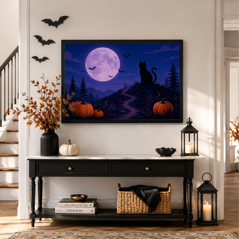 Silhouette de chat noir sous une grande lune violette - Toile murale d'Halloween, H 20 po x l 30 po