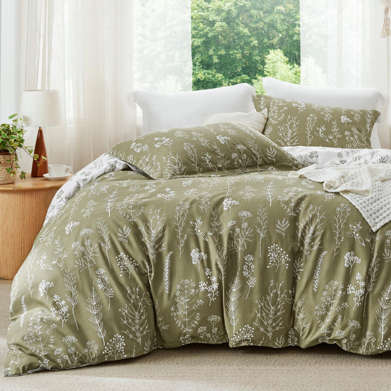 Bedsure Queen Comforter Set – 3-Piece Olive Green Botanical Floral Bedding, Reversible Soft Comforter with 2 Pillow Shams, Perfect for Spring Refresh & Cozy Bedroom Decor