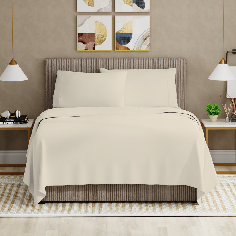 Ensemble de draps en microfibre ultra-doux et infroissable, Ensemble de draps pour grand lit avec 2 taies d'or, Ivoire frais