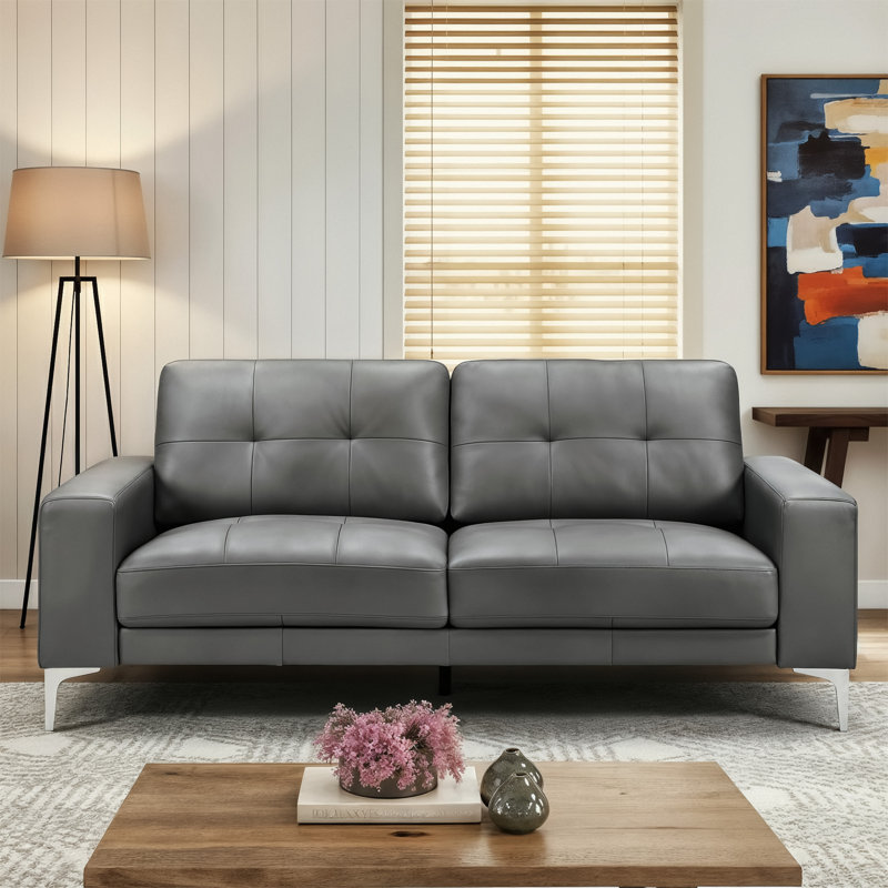 Korbin 78.9" Genuine Leather Square Arm 3-Seater Sofa with Tufted Back, Gray