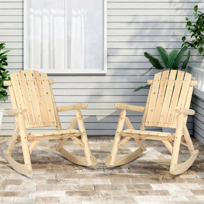 Bay Isle Home™ Outdoor Wooden Rocking Chair, Patio Log Rustic Adirondack Porch Rocker, All Weather Solid Wood Rocker Chair With High Back & Slatted Seat For Indoor, Backyard, Garden (Set Of 2, Natural)