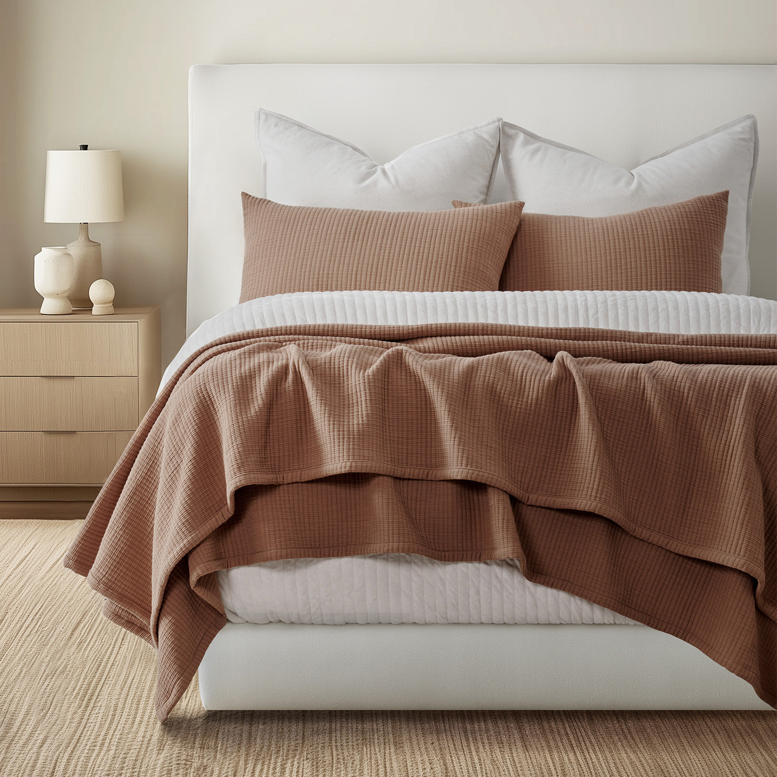 Solid Cotton Gauze Pick-stitch Matelesse Coverlet Bedspread set, Terracotta Clay, King Quilt + 2 King Shams