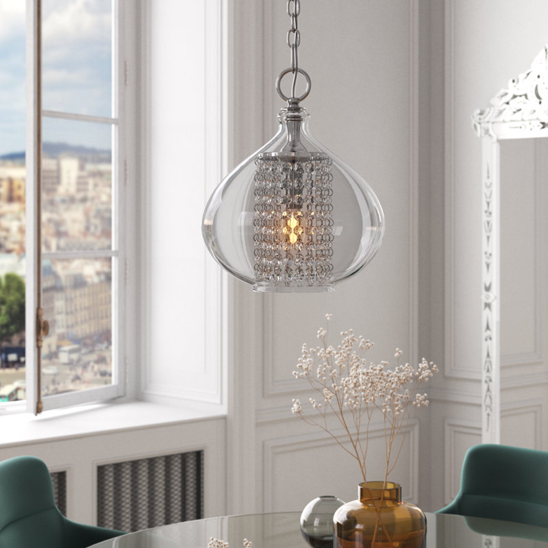10.25"W Warleigh Clear Glass Teardrop Pendant with Crystal Accents, Clear