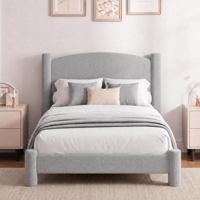 Cloud Boucle Upholstered Platform Bed Frame with Round Headboard - Cylindrical Legs - Heavy-Duty Noise-Free Wood Slats, No Box Spring Needed - Twin, Gray