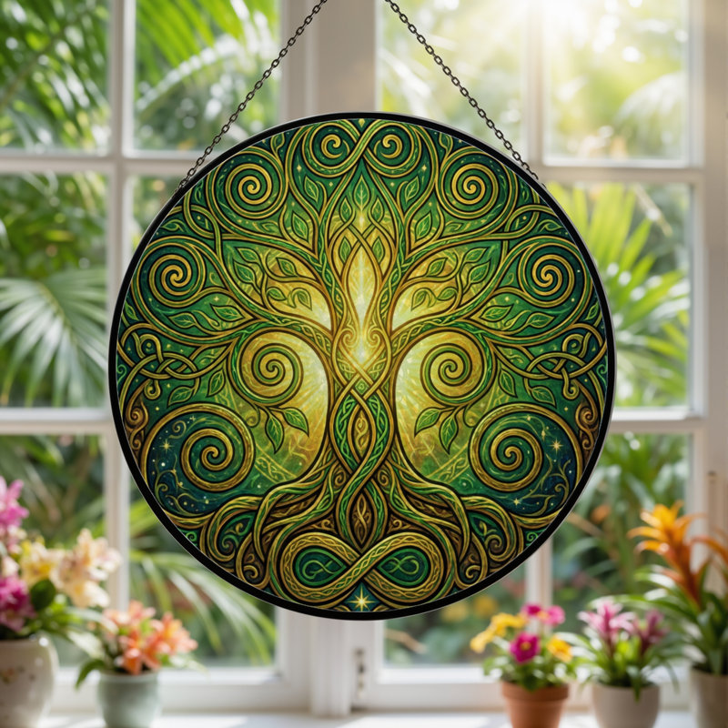 7.8"H Celtic Tree Stained Glass Window Panel, 7.8" H x 7.8" W