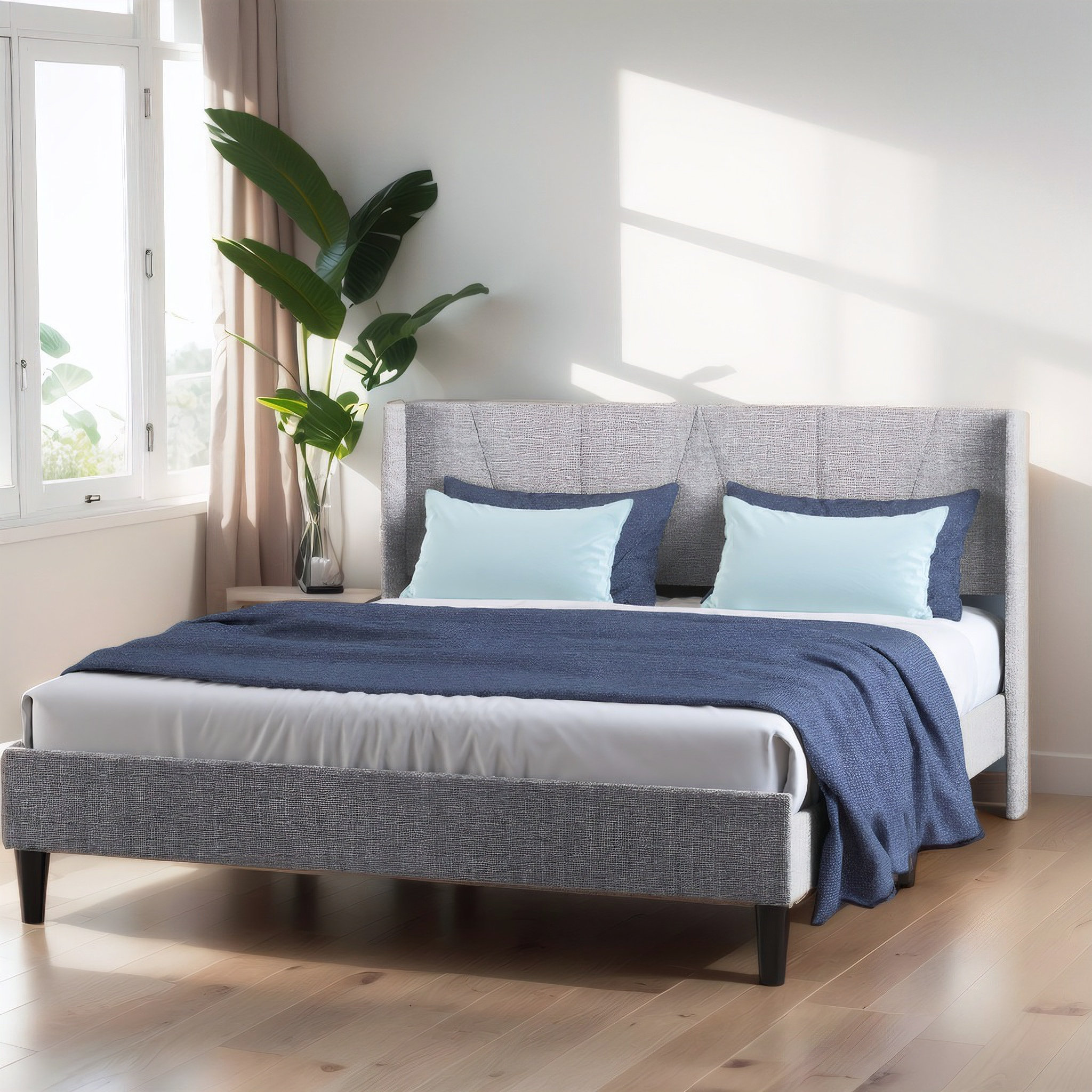 Ebern Designs Queen Size Bed Frame, Linen Upholstery Platform Bed Frame ...