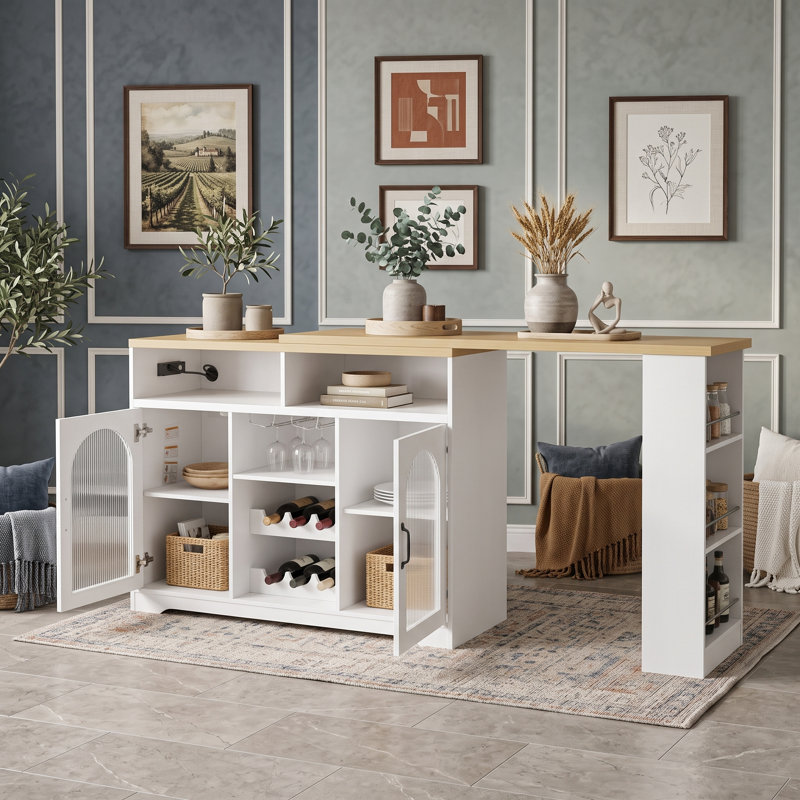 Buffet avec plateau de table extensible, éclairage à DEL, support à vin, armoire à porte en acrylique et prise de courant latérale