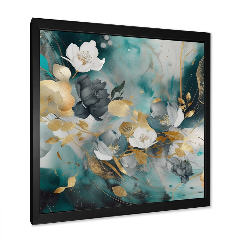 Fleurs de marbre doré bleu III - impression sur toile florale, Cadre photo noir, H 16 po x l 16 po
