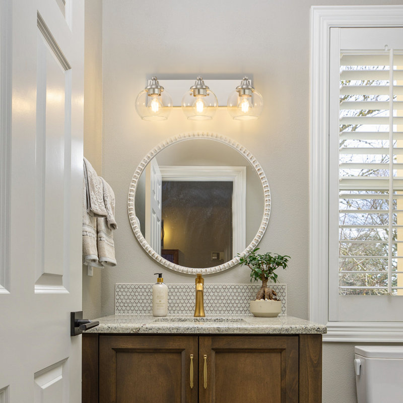 Meuble-lavabo de salle de bain 3 lumières à finition chromée nickel brossé avec verre blanc, Nickel brossé, Blanc