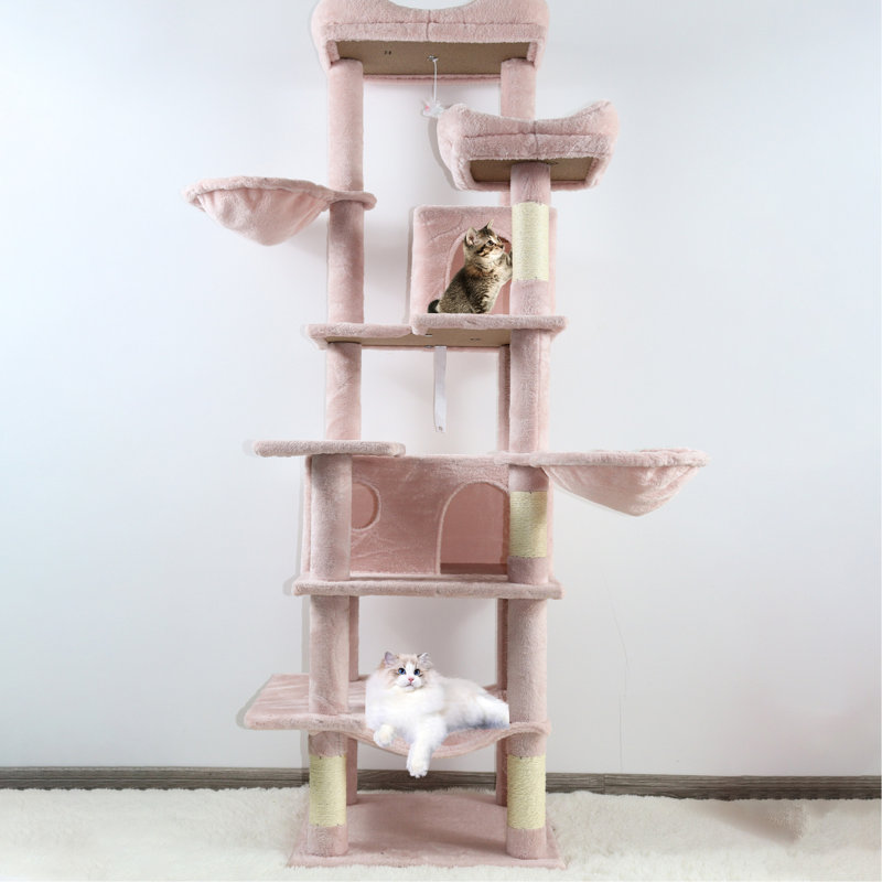 68 po, haut, rose, multi-niveaux, arbre à chat, 6 aires de jeu à niveau, coussins amovibles confortables, poteaux à griffer enveloppés, relaxant, grand arbre rose avec poteaux pour chats